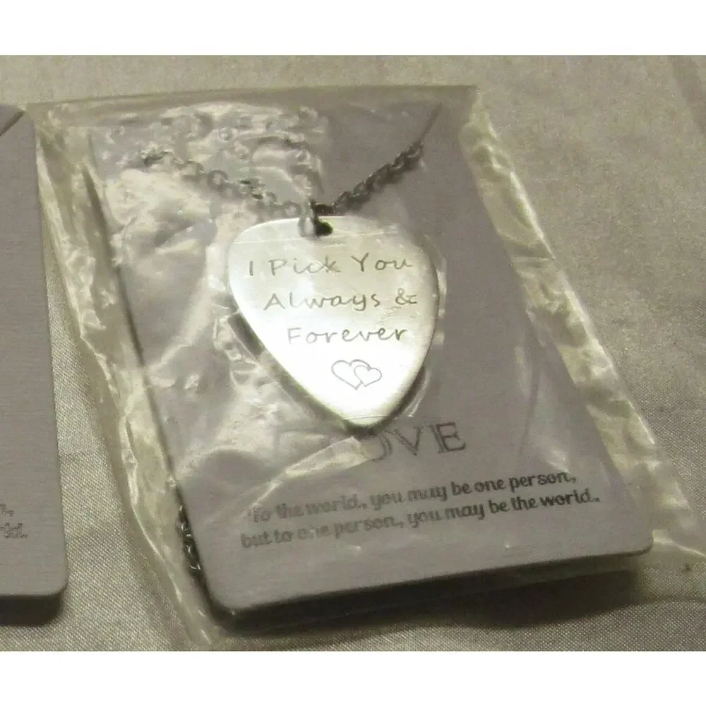 Lot 3 Pc Valentines Day Gift Love Engraved Guitar Pick Silvertone Necklace NEW